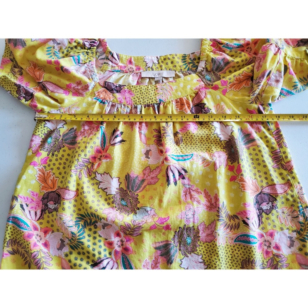 LOFT Yellow Floral‎ Square Neck Puff Sleeve Linen Blend Top Small Colorful - Picture 7 of 9